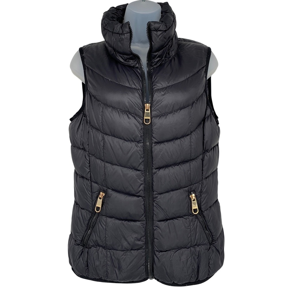 Calvin Klein Black Quilted Puffer Vest Lightweight Zip Front Gold Hardware S/M